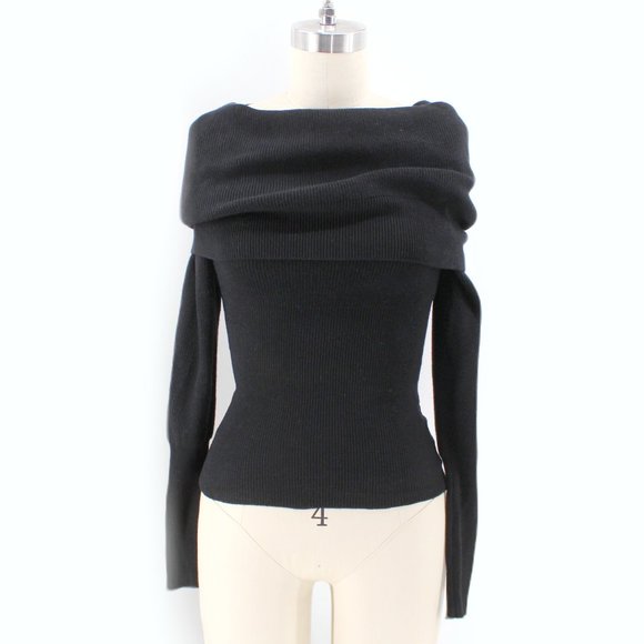 Black Off The Shoulder Sweater Ribbed Knit Adjustable Open Back Long Sleeve SZ S - Picture 2 of 15